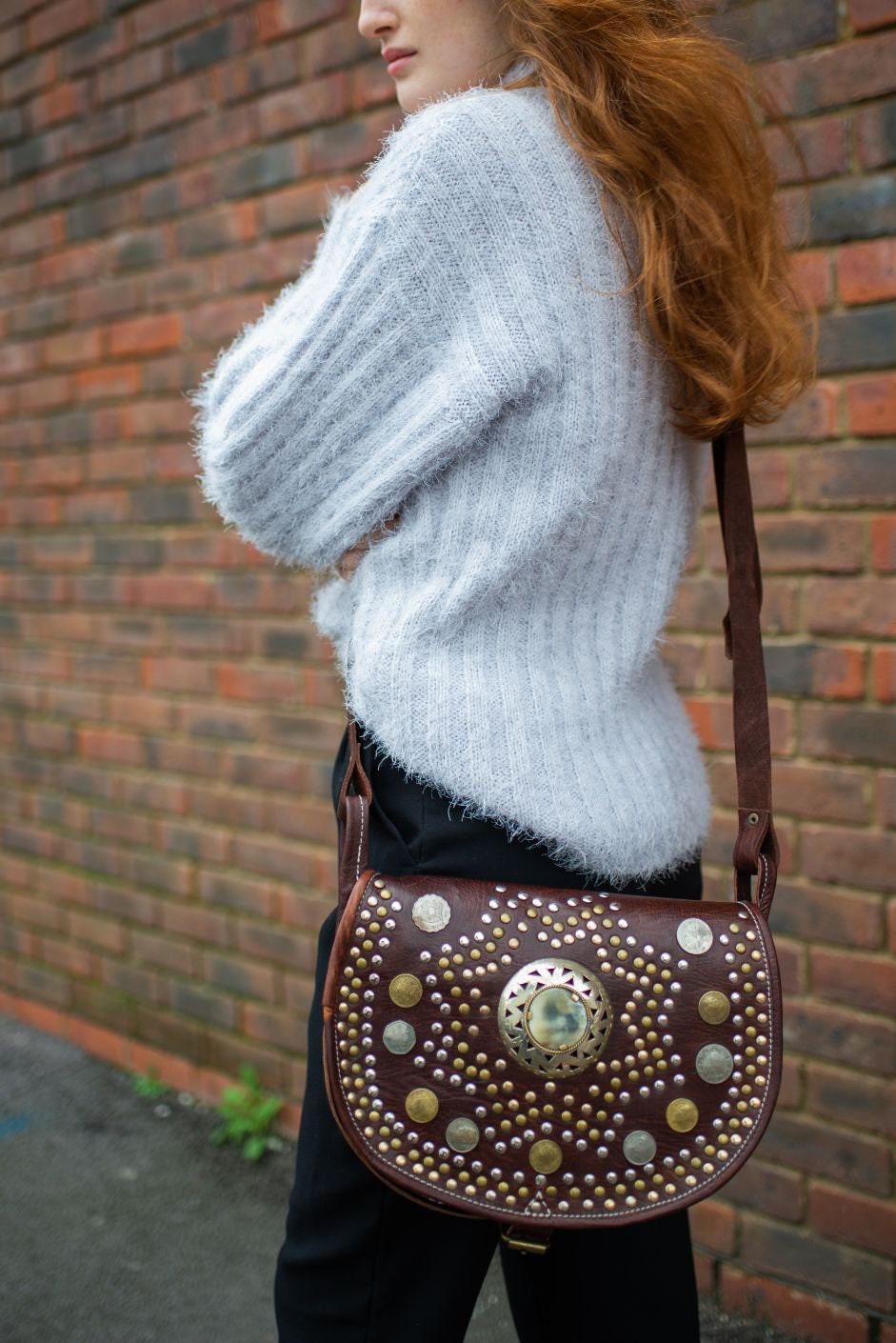 Hand Made Studded Leather Satchel Saddle Bag In Brown