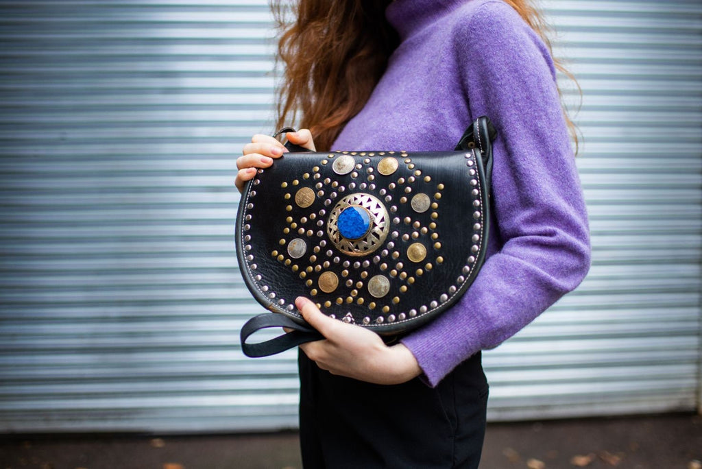 Hand Made Studded Leather Satchel Saddle Bag In Black