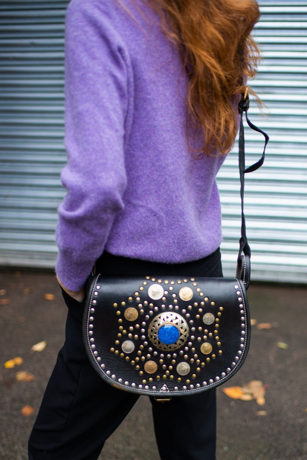 Hand Made Studded Leather Satchel Saddle Bag In Black