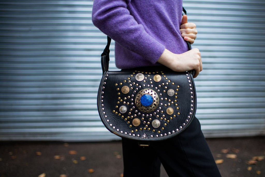 Hand Made Studded Leather Satchel Saddle Bag In Black