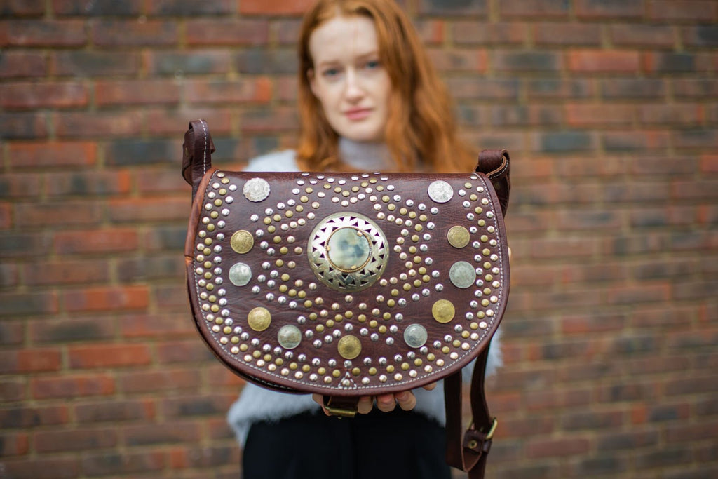 Hand Made Studded Leather Satchel Saddle Bag In Brown