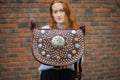 Hand Made Studded Leather Satchel Saddle Bag In Brown