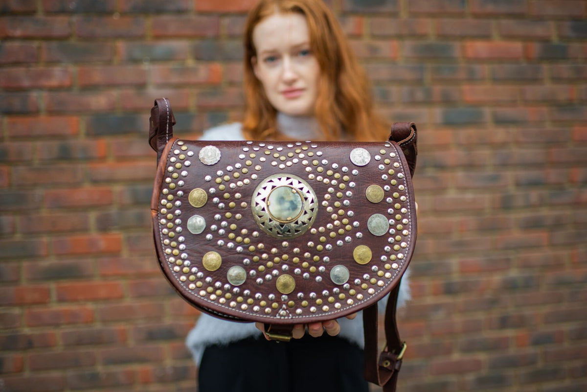 Hand Made Studded Leather Satchel Saddle Bag In Brown