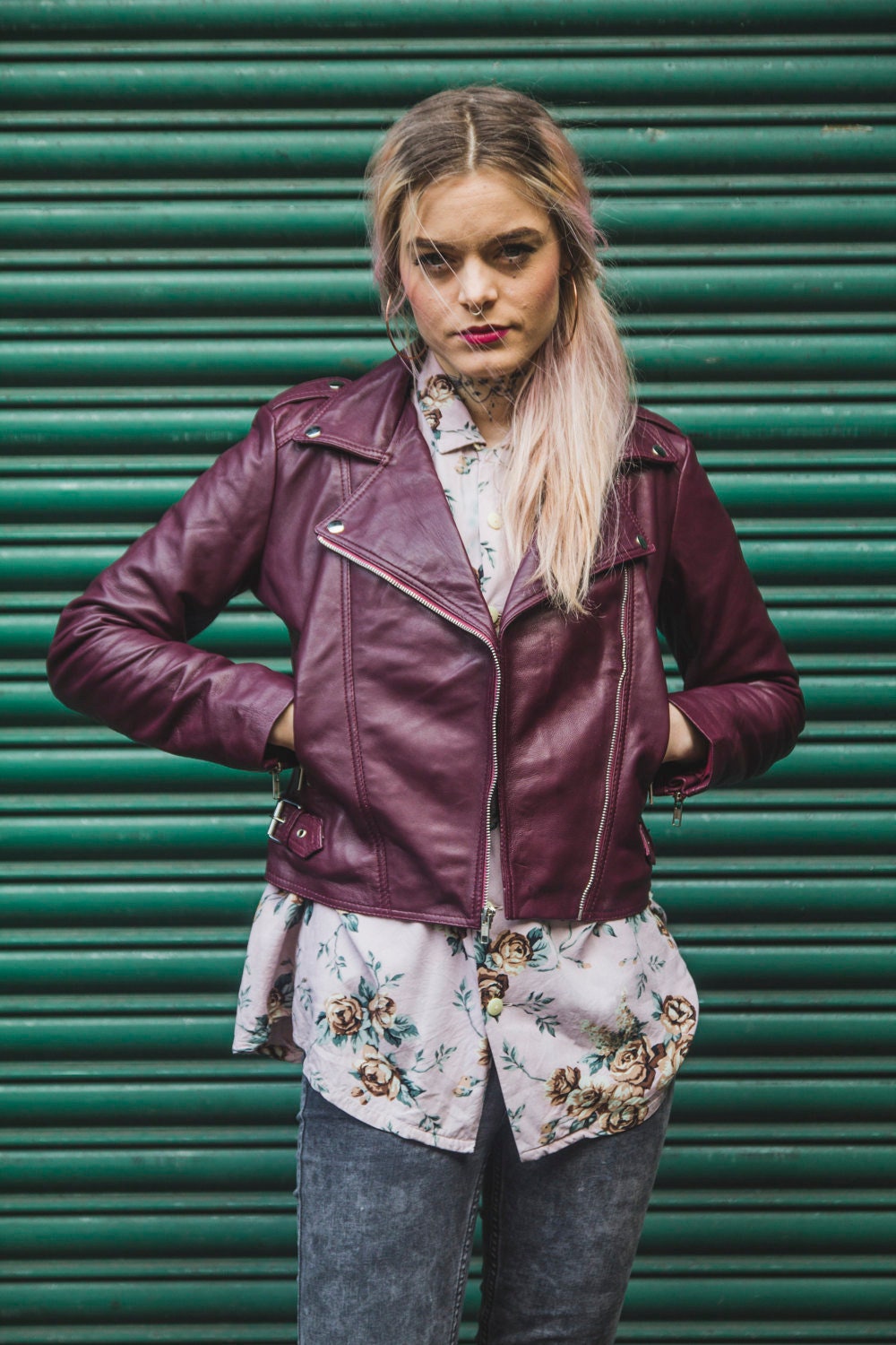 80's Style Classic Burgundy Lambskin Biker Jacket