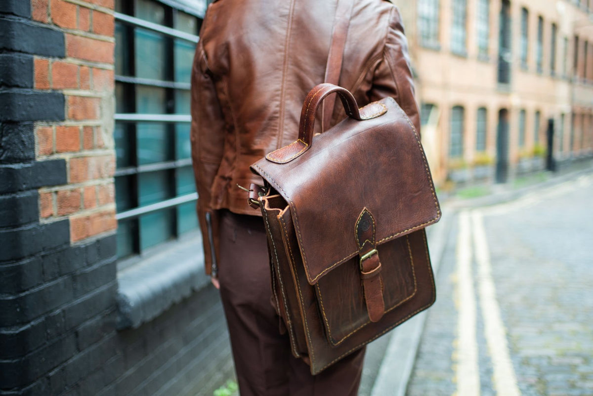 Leather Satchel Backpack In Brown Hand Stitched