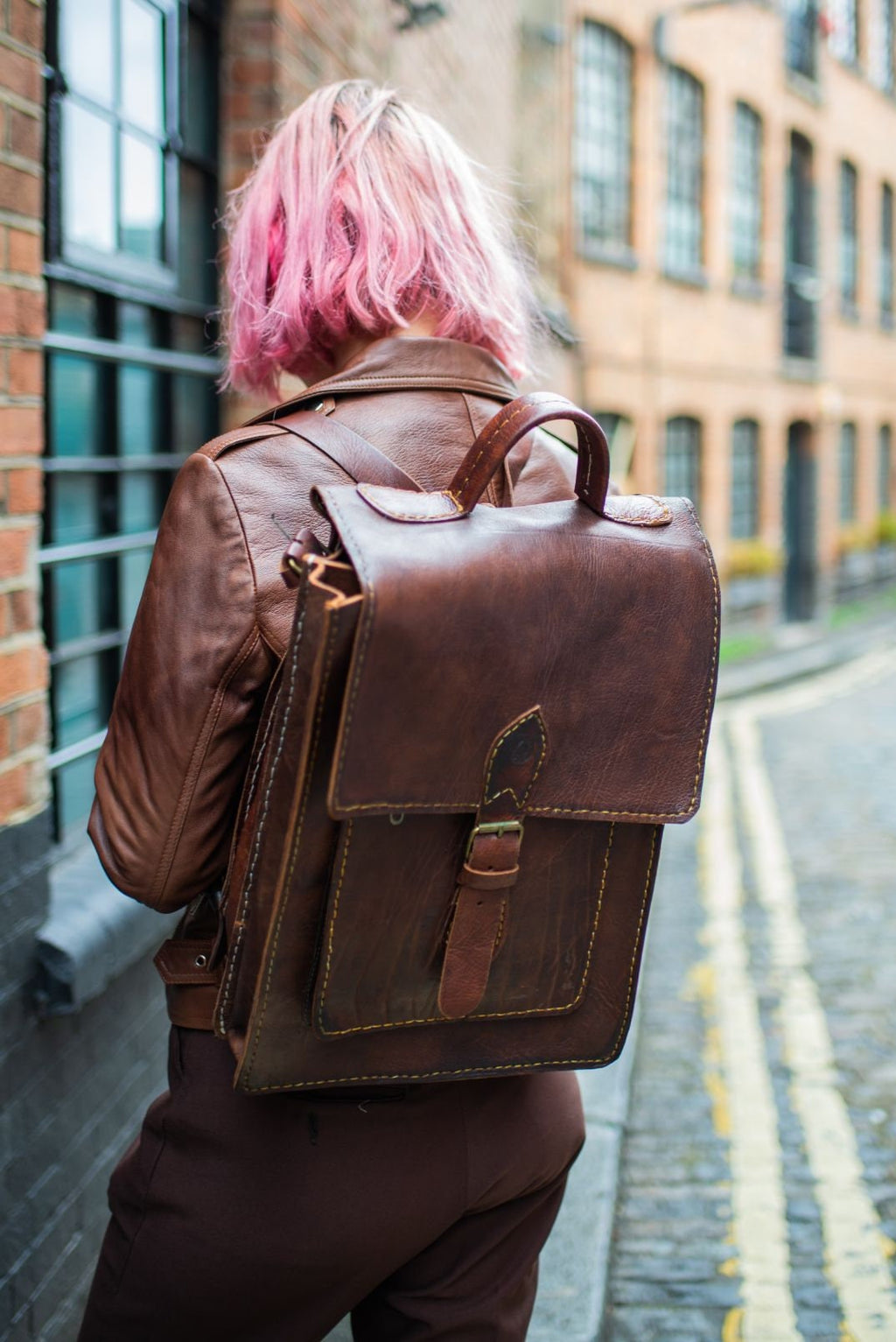 Leather Satchel Backpack In Brown Hand Stitched
