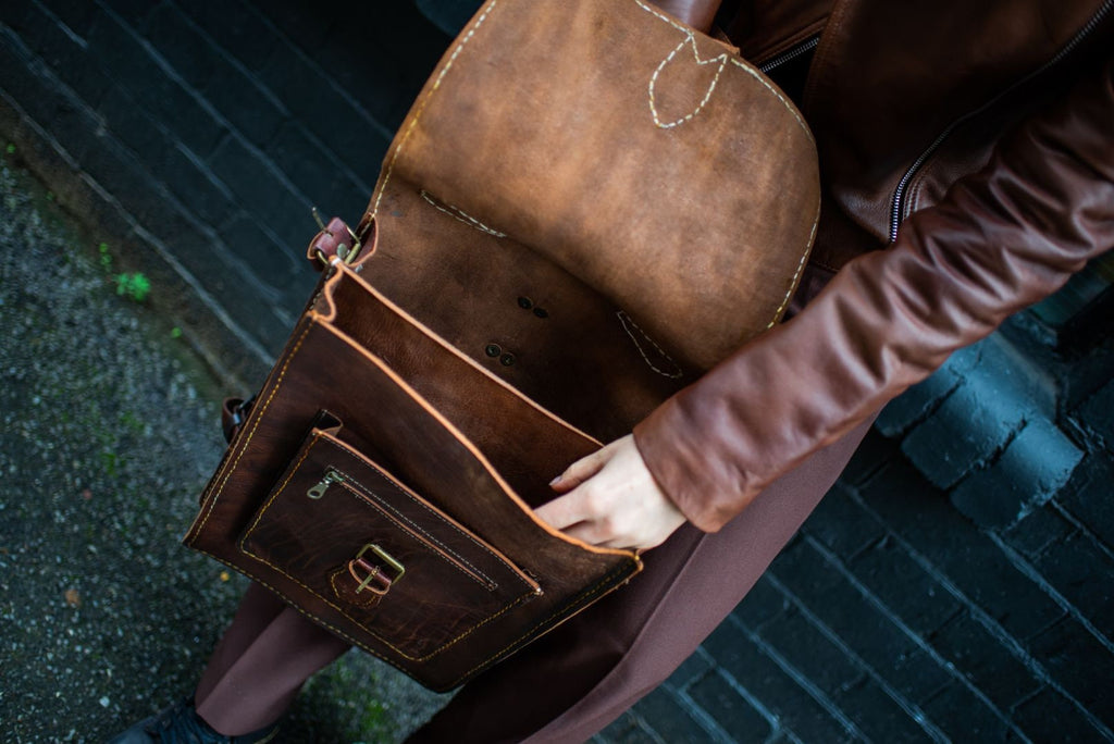 Leather Satchel Backpack In Brown Hand Stitched