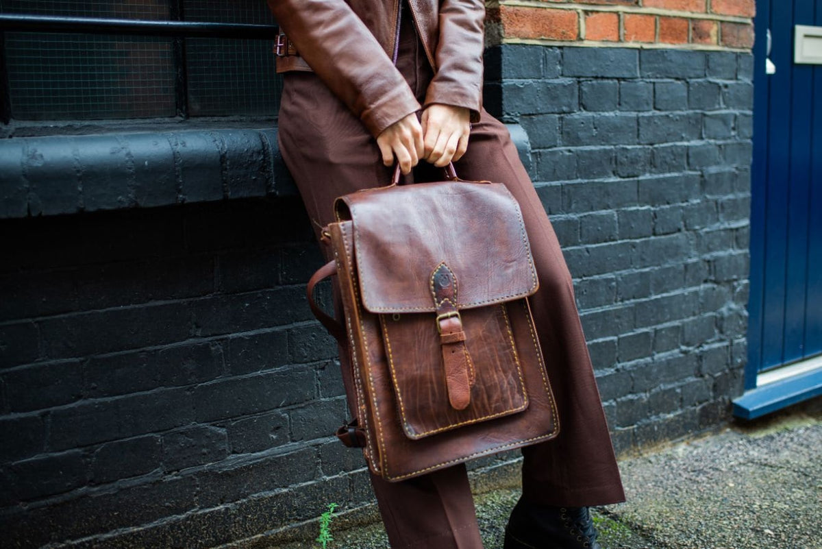Leather Satchel Backpack In Brown Hand Stitched