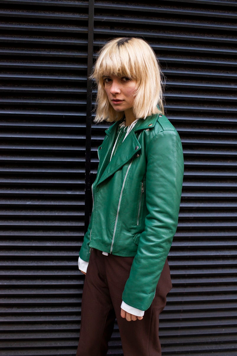 Leather Moto Biker Jacket In Green