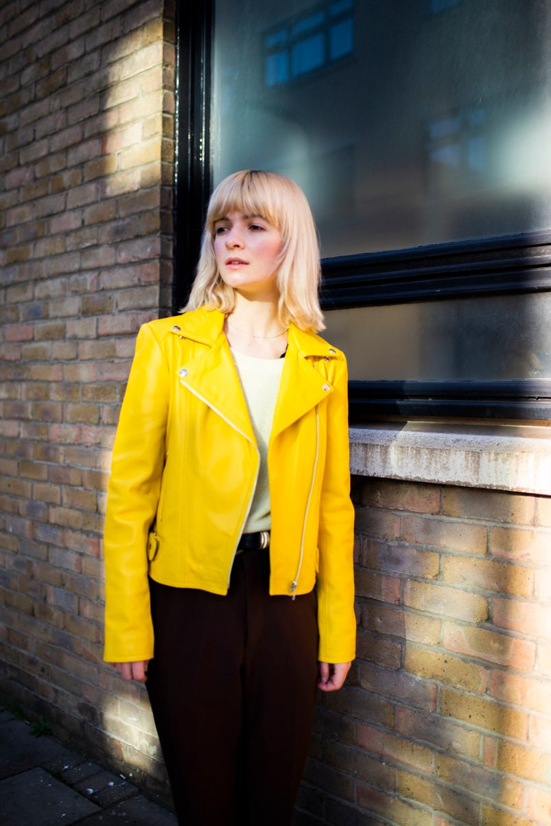 Leather Moto Biker Jacket In Yellow