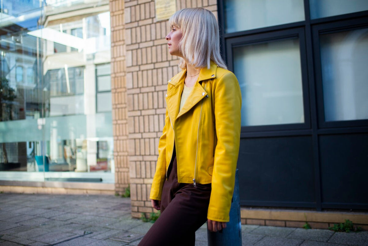 Leather Moto Biker Jacket In Yellow