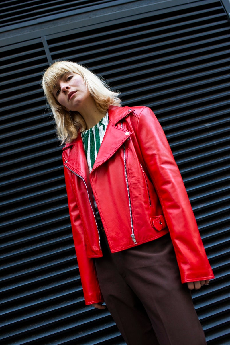 Leather Moto Biker Jacket In Red