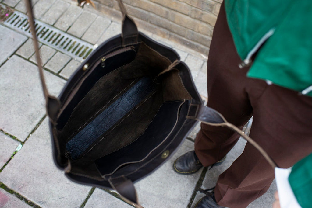 Dark Brown Leather Shopper Tote Bag