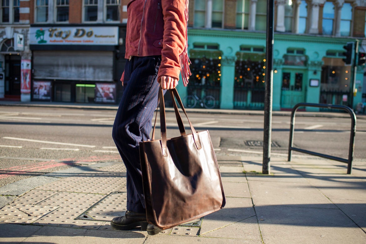 Hunter Leather Shopper Tote Bag In Brown