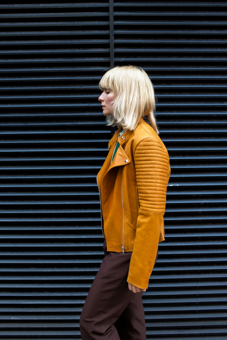 Leather Biker Jacket In Mustard Yellow Size Small