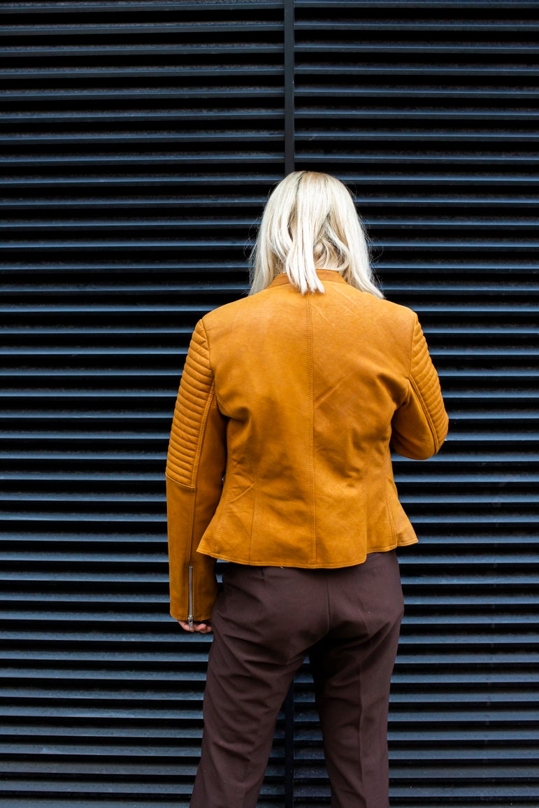 Leather Biker Jacket In Mustard Yellow Size Small