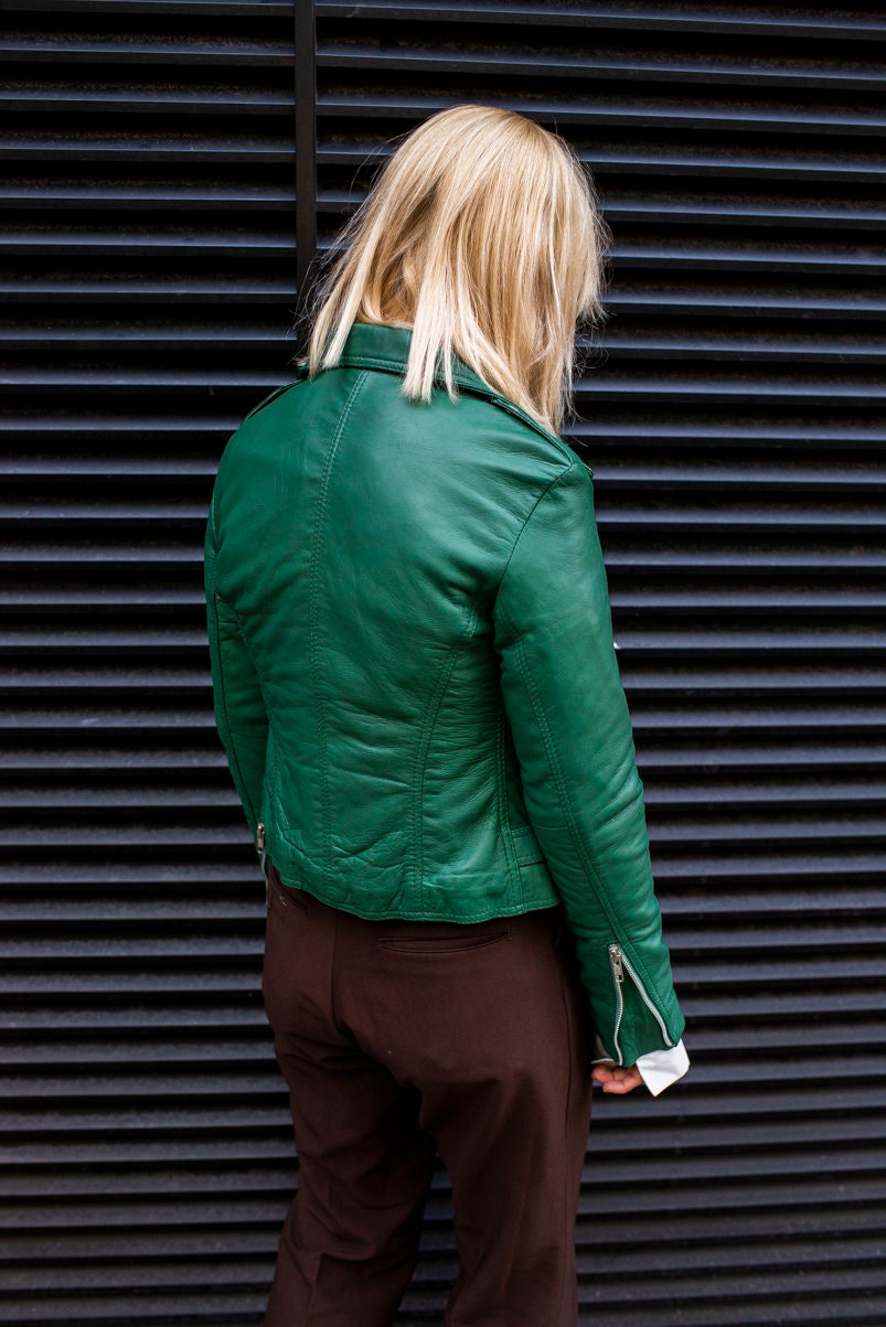 Leather Biker Jacket In Aqua Green (Size M)