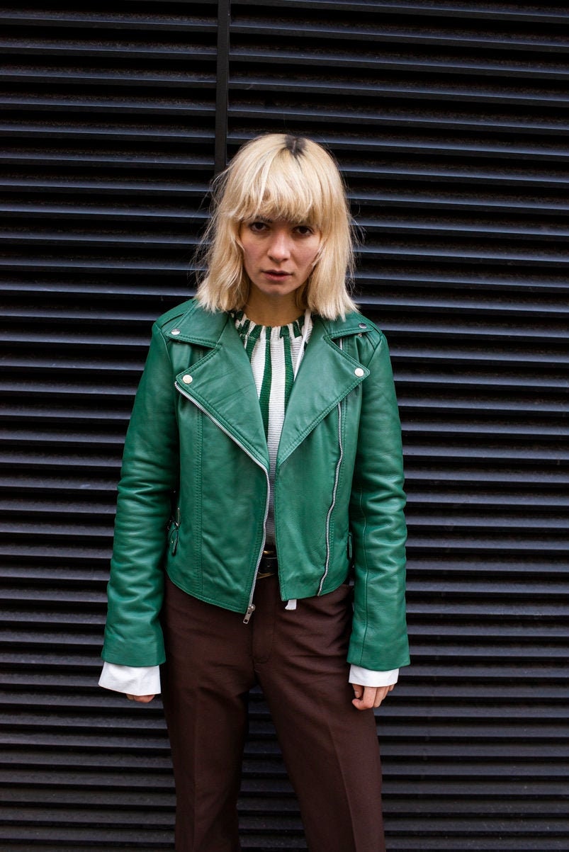 Leather Biker Jacket In Aqua Green (Size M)