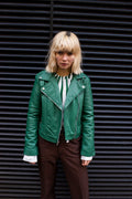 Leather Biker Jacket In Aqua Green (Size M)