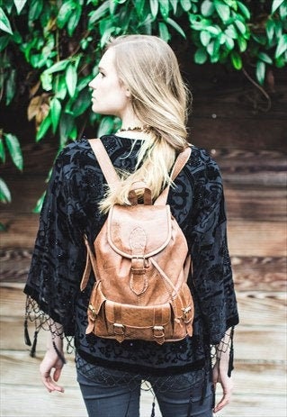 80's Festival Stressed Brown Rucksack (Medium: 3 Outside Pockets)