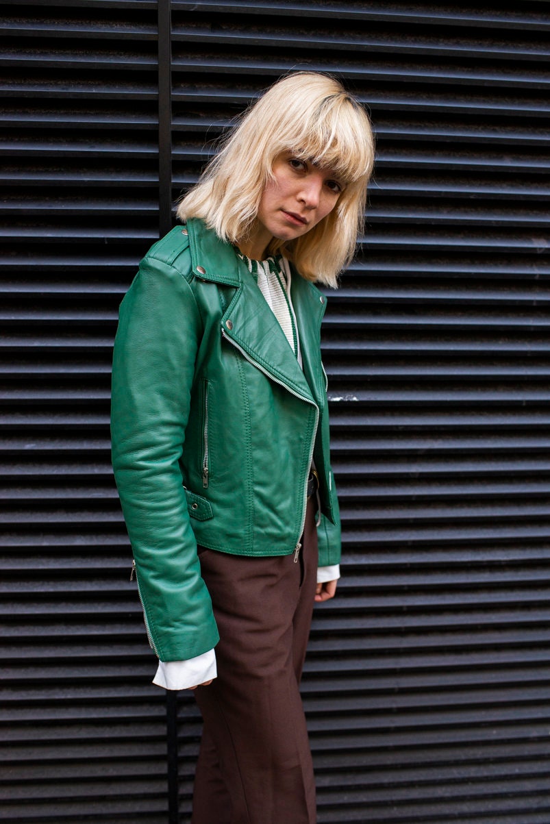 Leather Moto Biker Jacket In Green