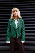 Leather Moto Biker Jacket In Green