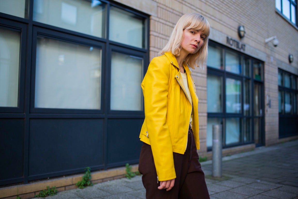 Leather Moto Biker Jacket In Yellow