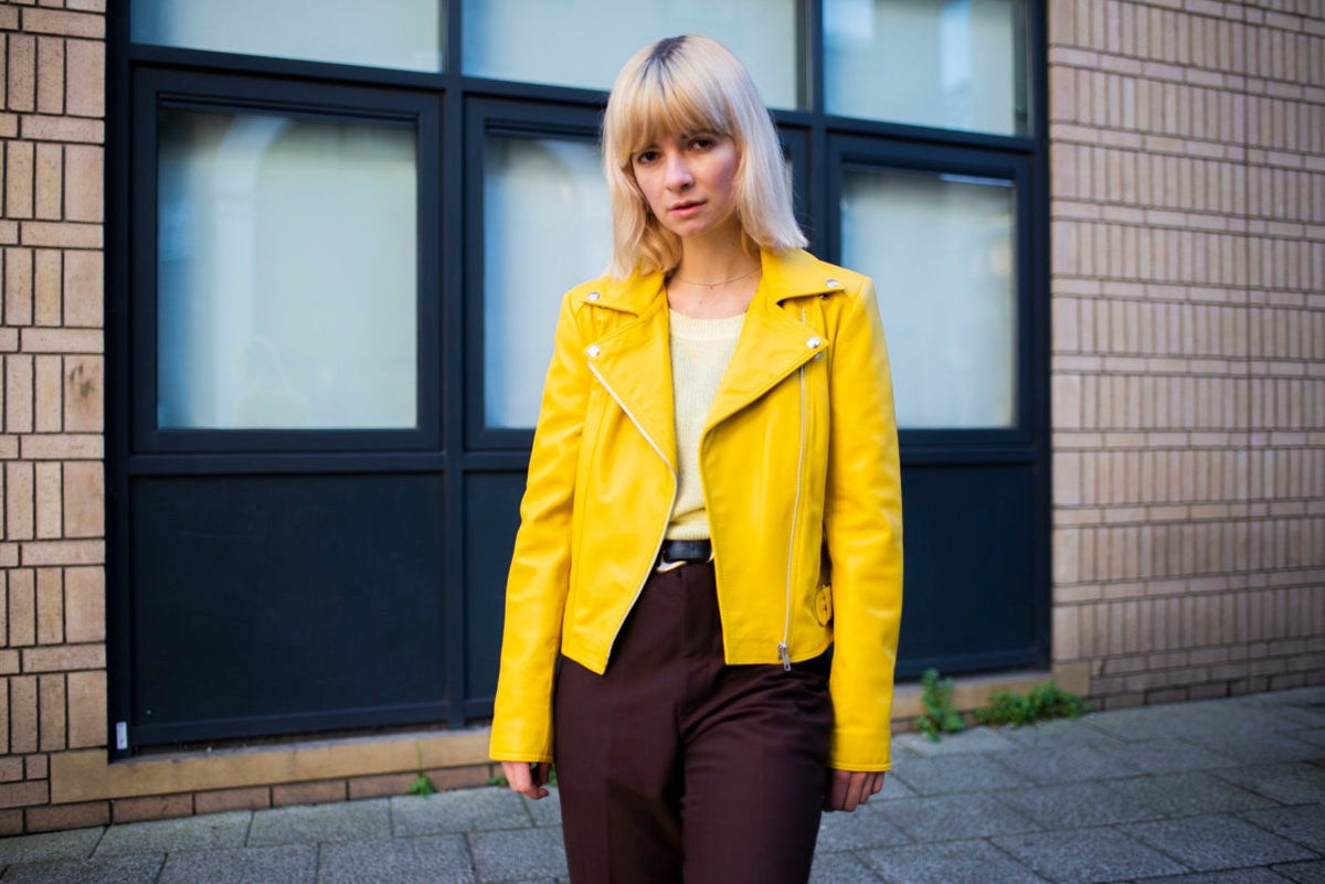 Leather Moto Biker Jacket In Yellow