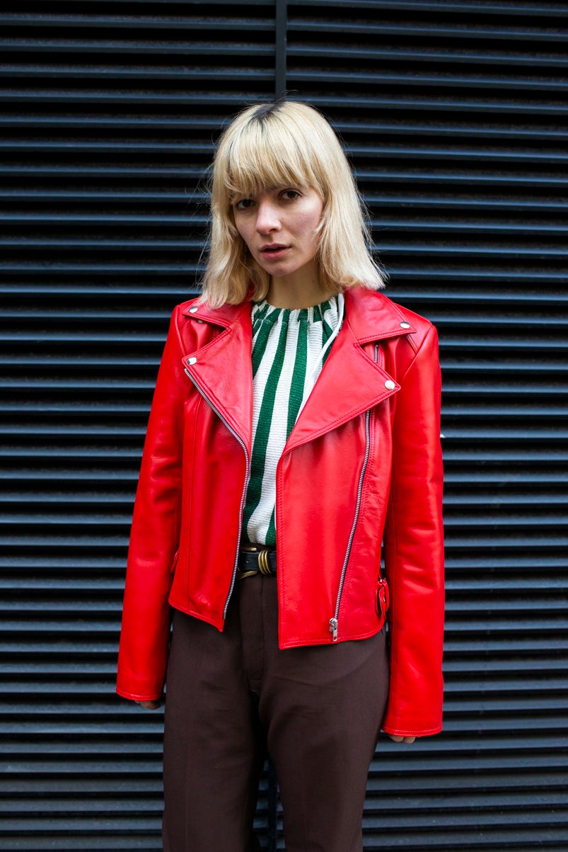 Leather Moto Biker Jacket In Red