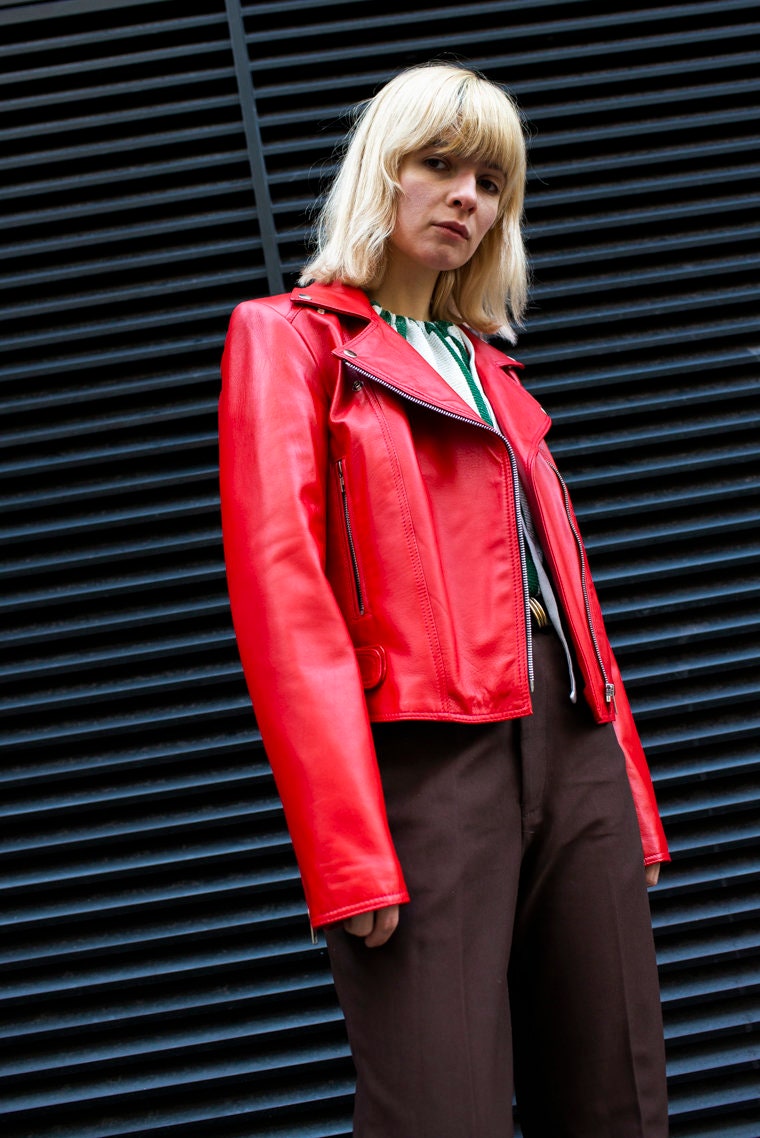 Leather Moto Biker Jacket In Red