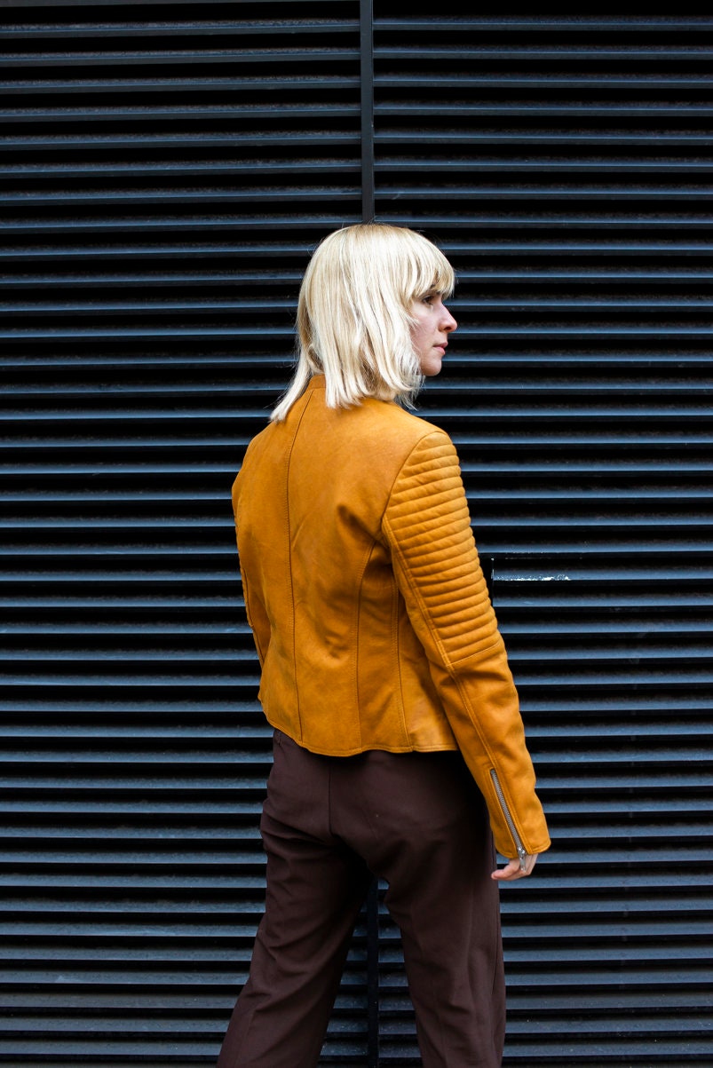Leather Biker Jacket In Mustard Yellow Size Small