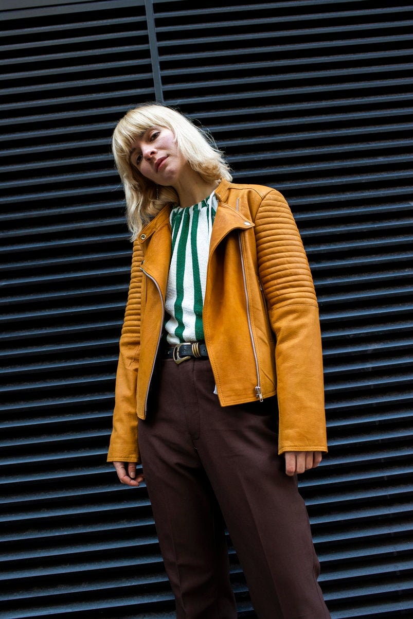 Leather Biker Jacket In Mustard Yellow Size Small