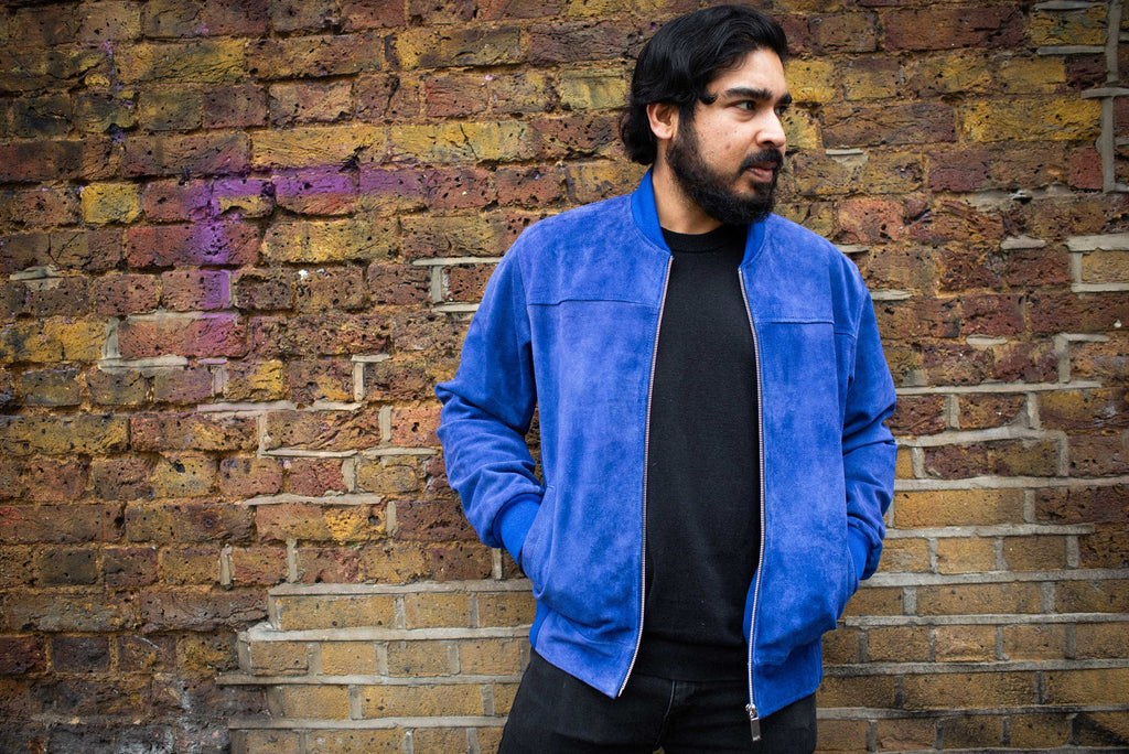 Premium Blue Suede Bomber Jacket