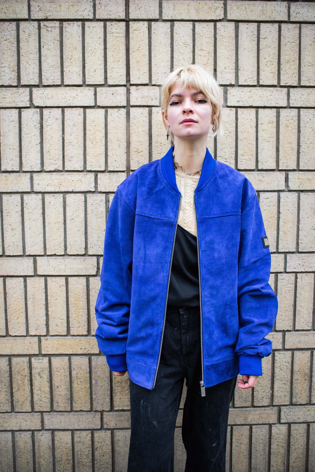 Cobalt Blue Suede Bomber Jacket Premium Oversized