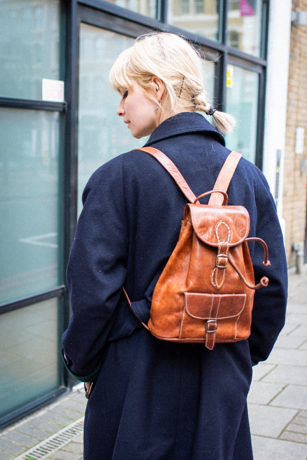 Tan Leather Rucksack With Stitching Details