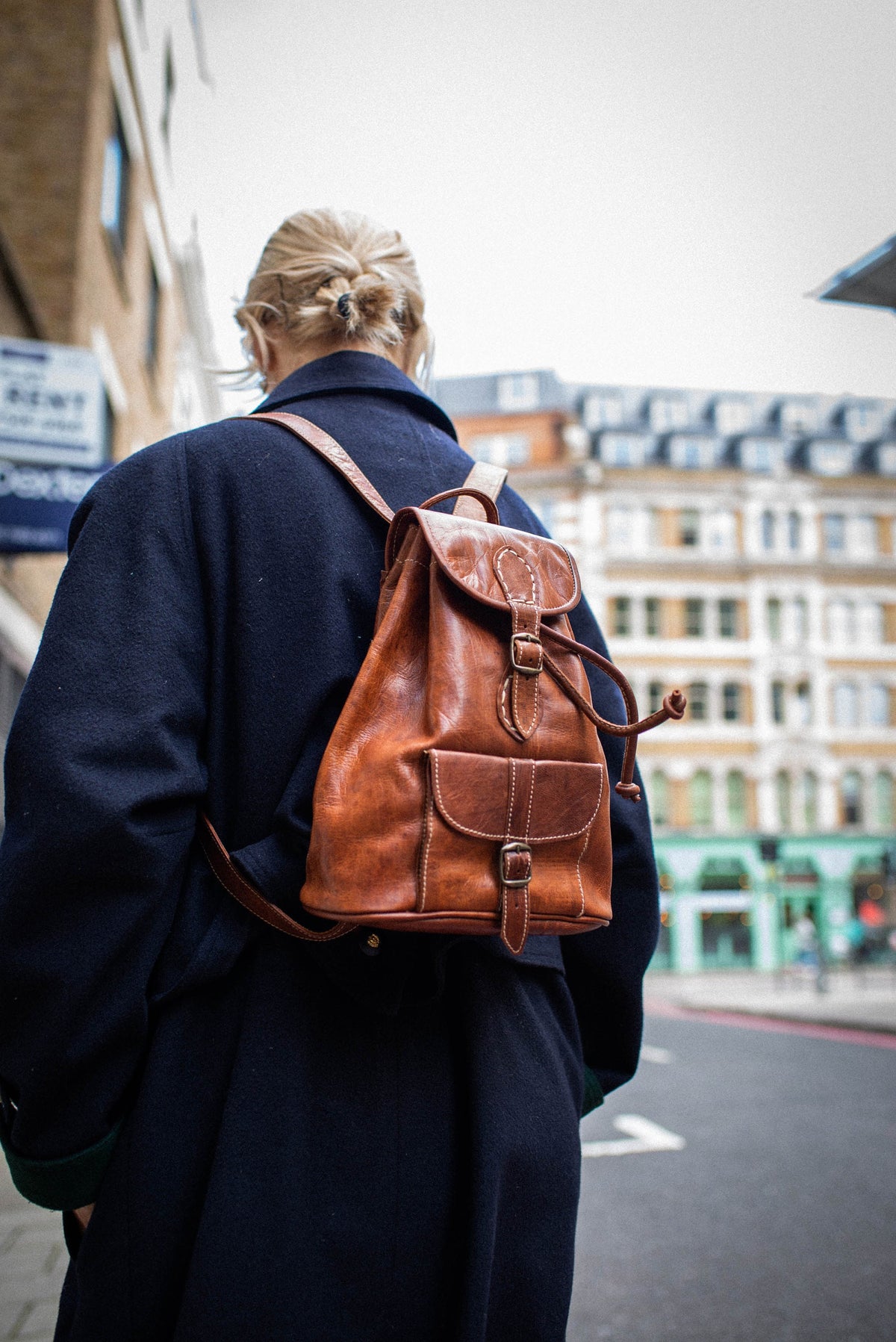 Tan Leather Rucksack With Stitching Details