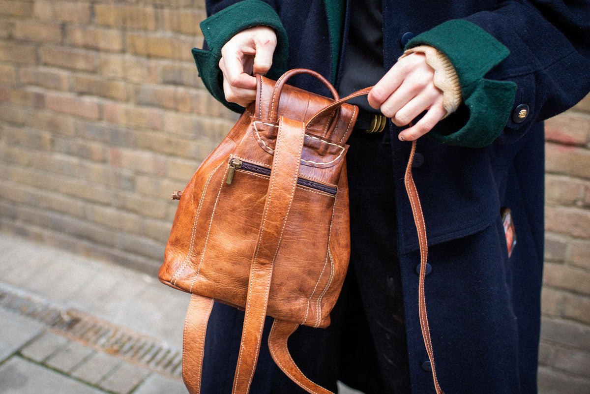 Tan Leather Rucksack With Stitching Details