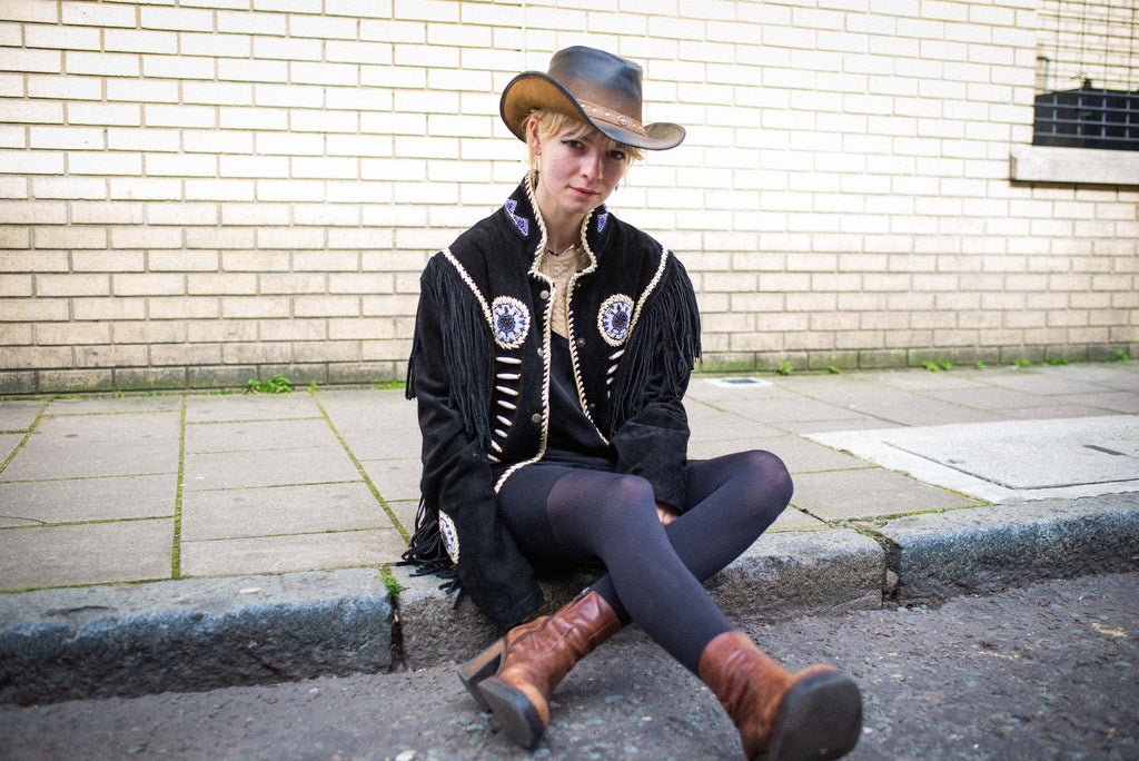 Suede Fringe Western Cowboy Jacket With Beads and Conches