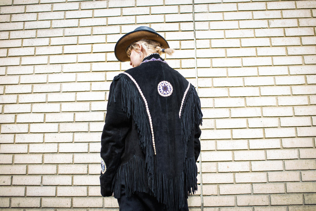 Suede Fringe Western Cowboy Jacket With Beads and Conches