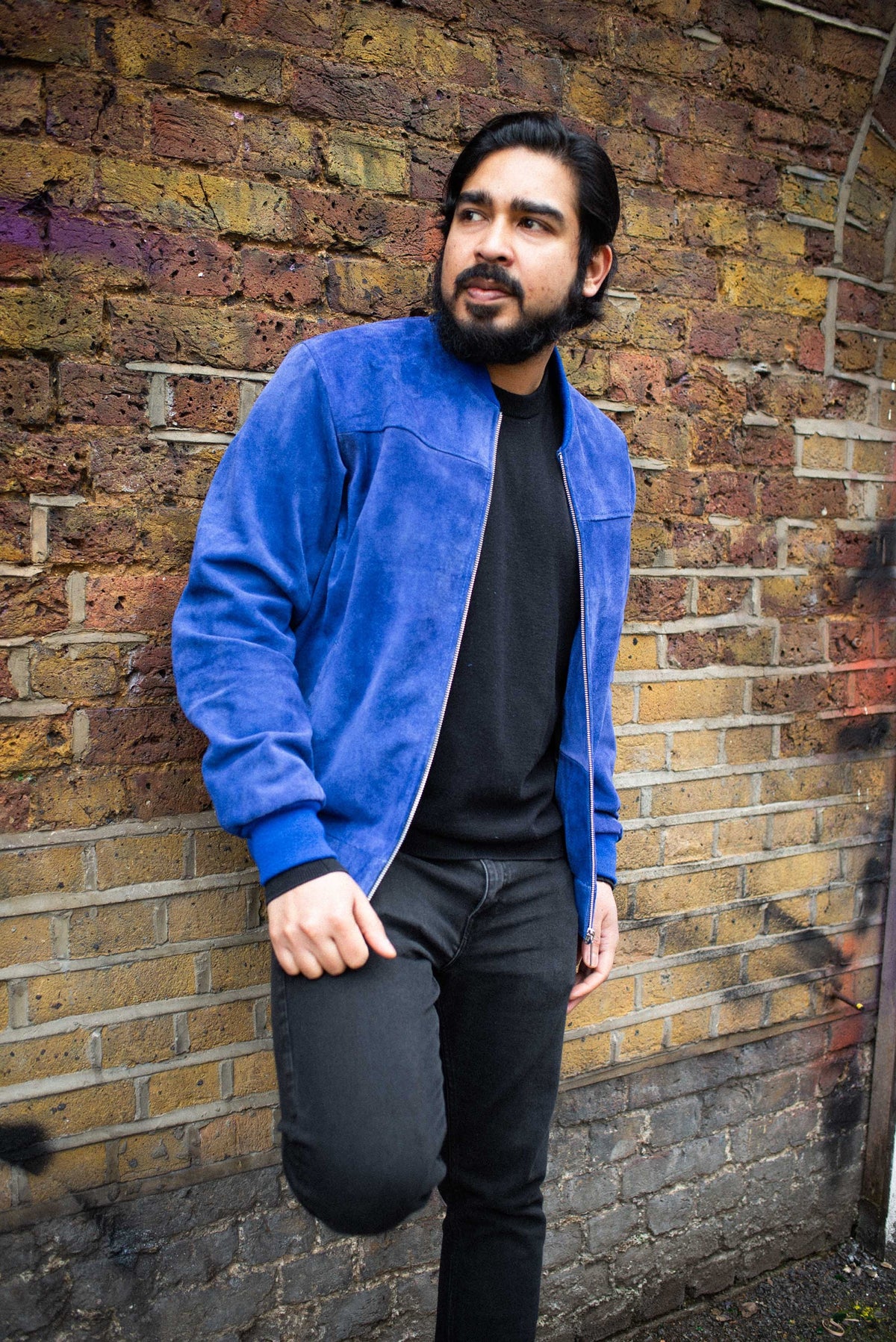 Premium Blue Suede Bomber Jacket