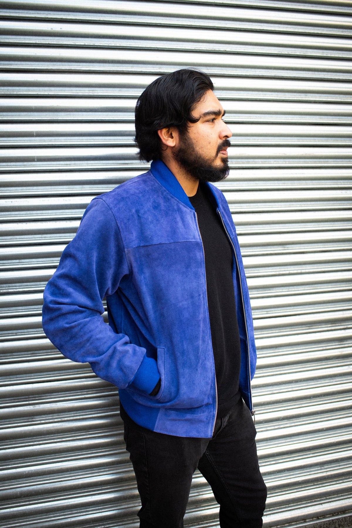Premium Blue Suede Bomber Jacket