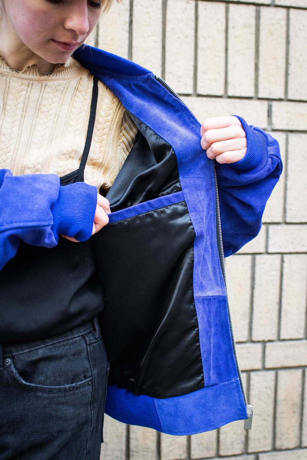 Cobalt Blue Suede Bomber Jacket Premium Oversized