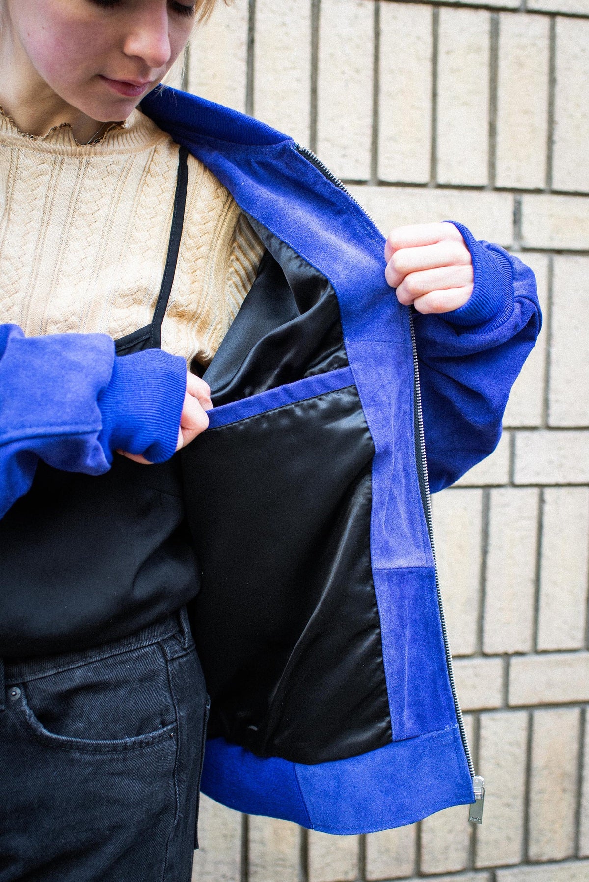 Cobalt Blue Suede Bomber Jacket Premium Oversized