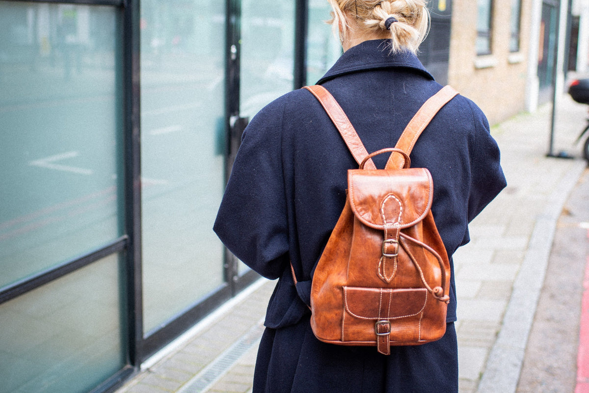 Tan Leather Rucksack With Stitching Details