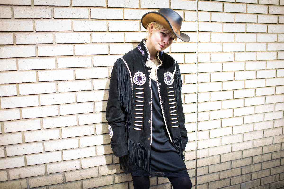 Suede Fringe Western Cowboy Jacket With Beads and Conches