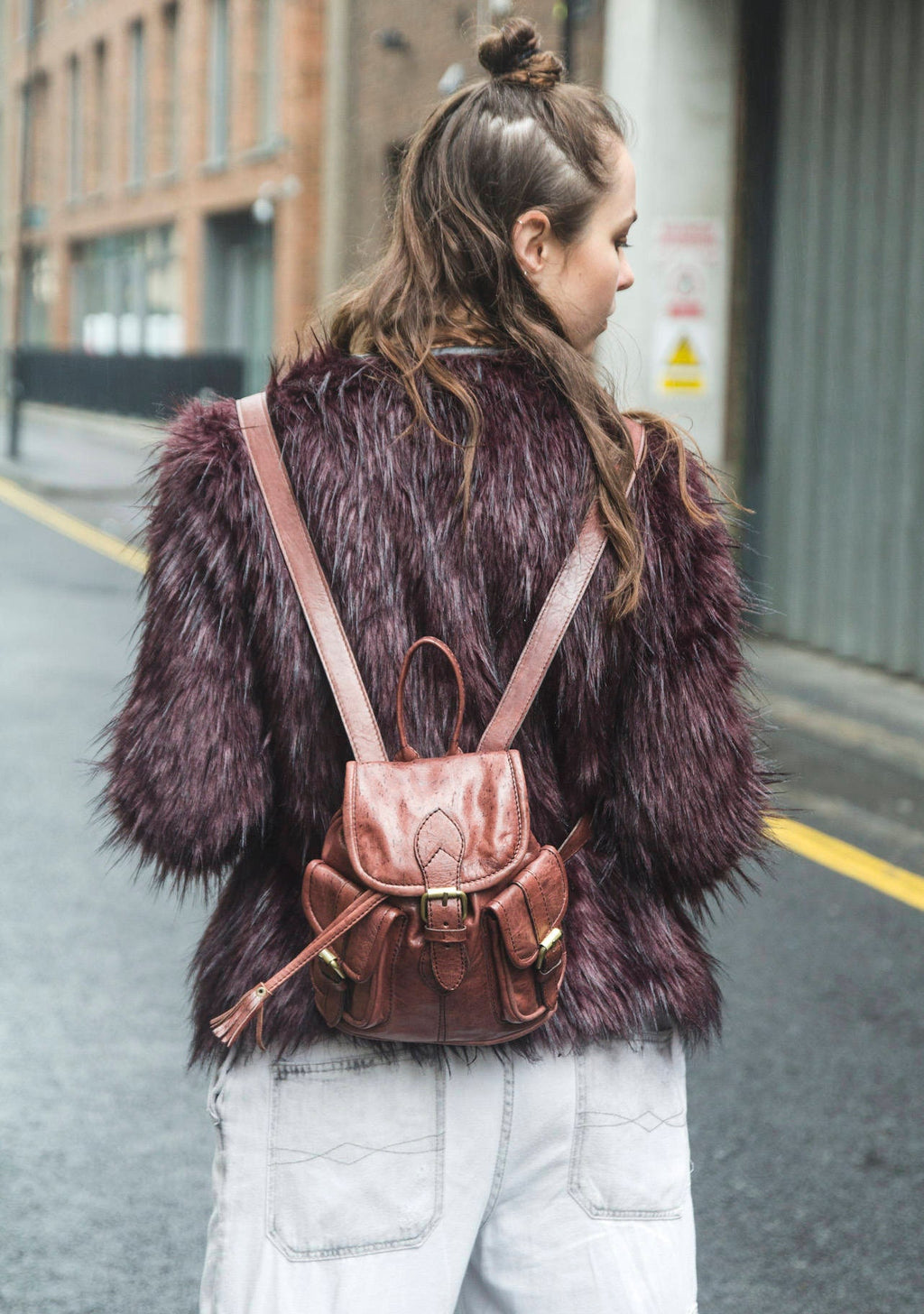 80's Style Mini Rucksack Backpack | Stressed Brown Gloss Leather