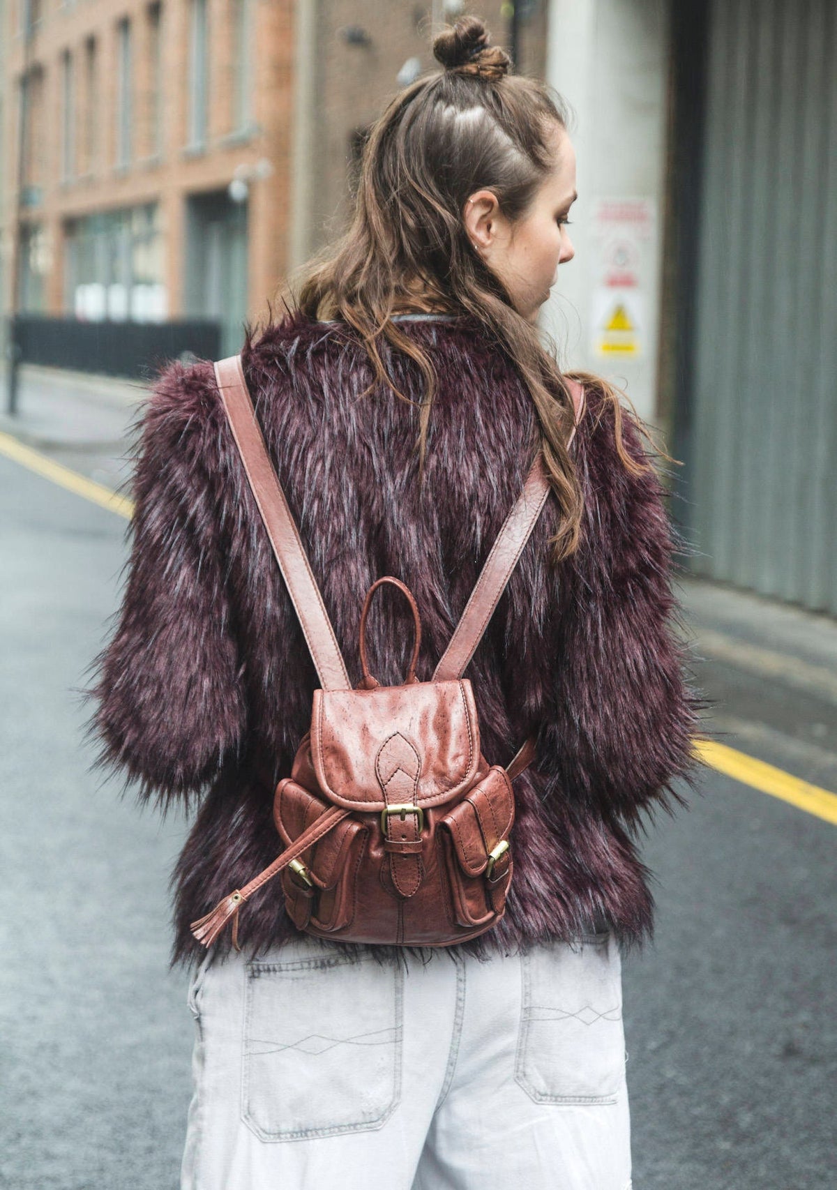80's Style Mini Rucksack Backpack | Stressed Brown Gloss Leather
