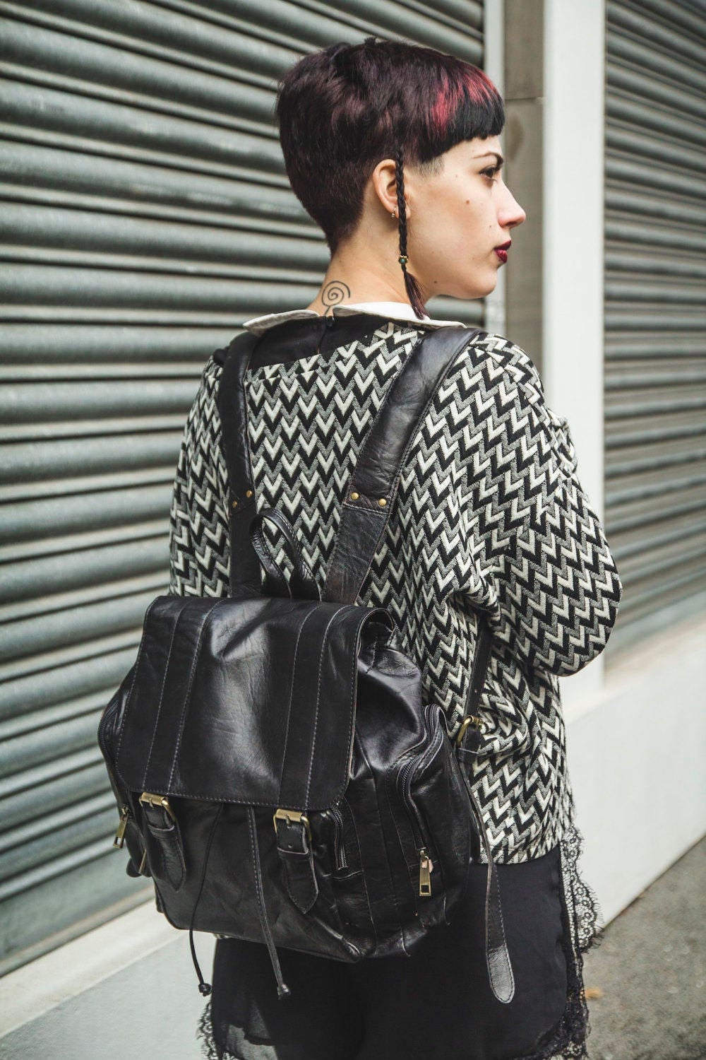 Black Leather Retro Backpack | 80's Style Rucksack