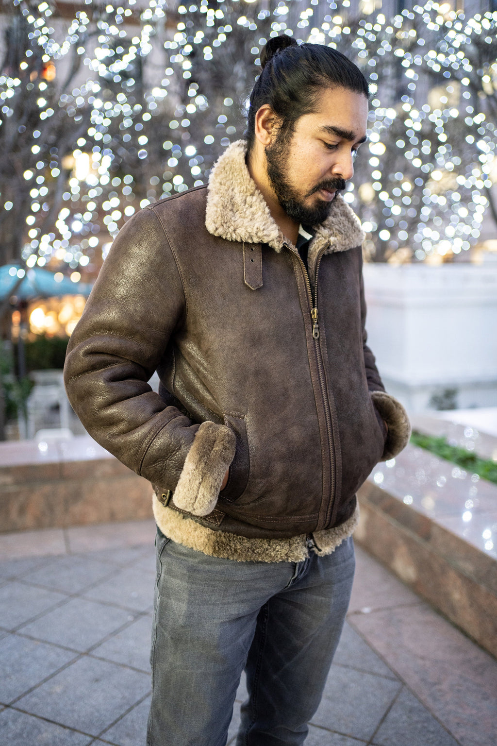 Luxury Shearling & Brown Leather Winter Aviator Jacket