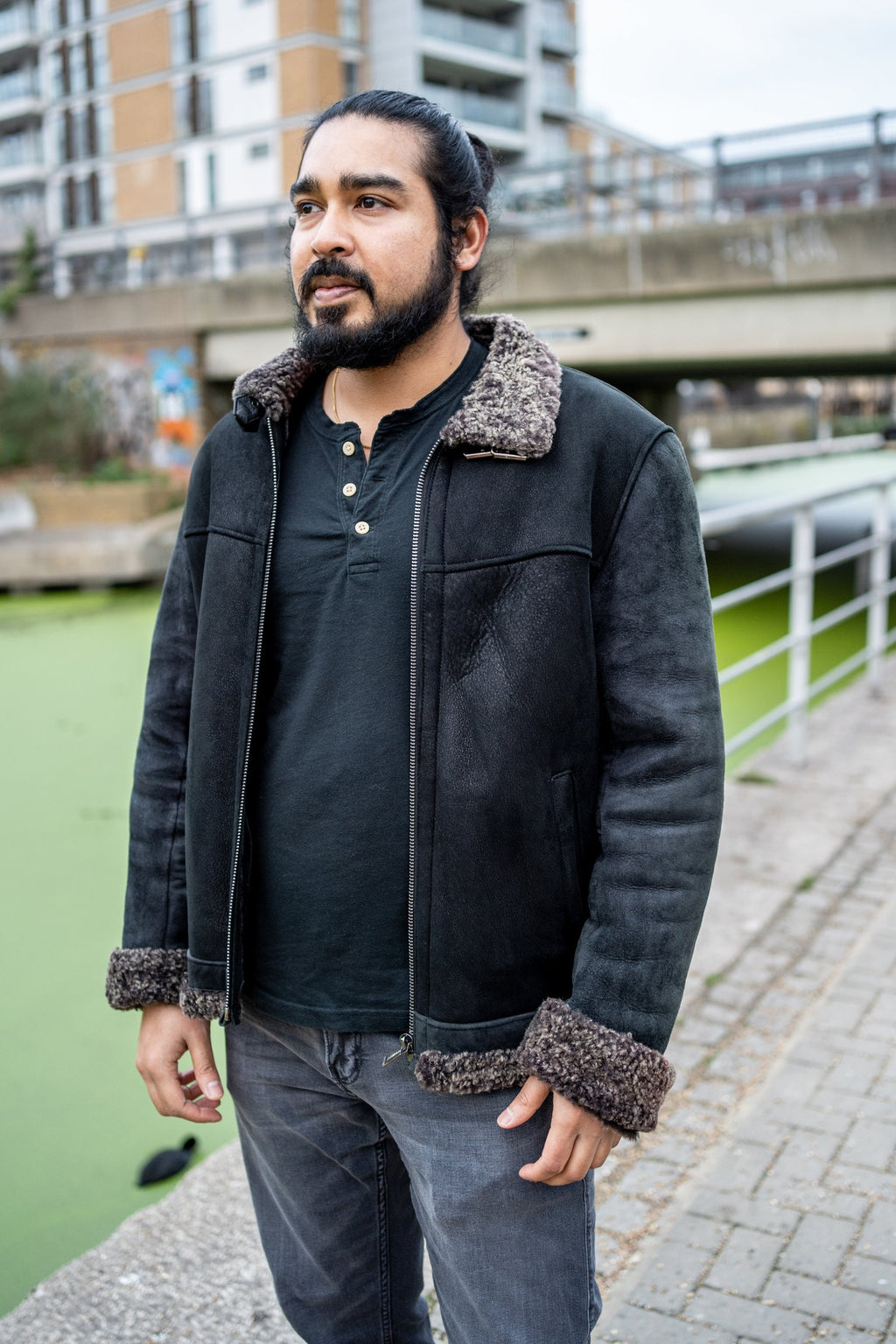 Premium Shearling & Black Leather Winter Aviator Jacket